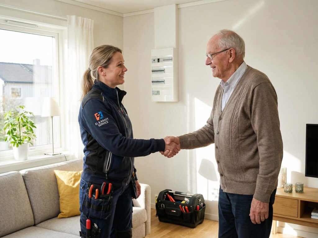 kvinnlig elektriker skakar hand med nöjd äldre kund i Staffanstorp