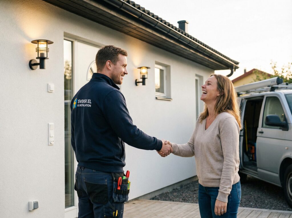 elektriker skakar hand med nöjd kvinnlig kund i Staffanstorp